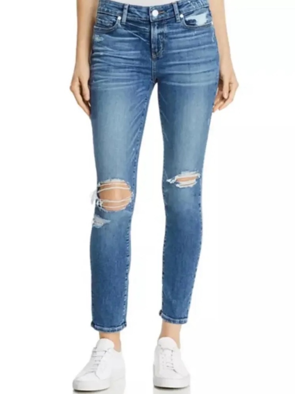 PAIGE Verdugo Ankle Skinny Jeans Distressed Ripped Knee Raw Hem Medium Wash Size
